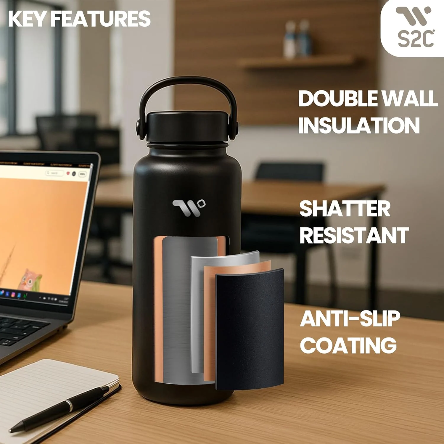 بطری آب عایق S2C با ظرفیت 1200 میلی لیتر به همراه 3 درب، دوجداره، ضد نشت، بطری استیل ضد زنگ با نی برای باشگاه، فلاسک آب قمقمه برای آب گرم (آدامس بادکنکی) بطری آب عایق S2C با ظرفیت 1200 میلی لیتر به همراه 3 درب، دوجداره، ضد نشت، بطری استیل ضد زنگ با نی برای باشگاه، فلاسک آب قمقمه برای آب گرم (آدامس بادکنکی)