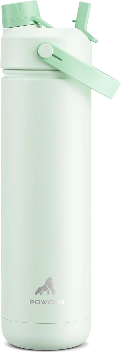بطری آب عایق POWCAN با ظرفیت 770 میلی لیتر، دارای درب نی‌دار و خروجی دو حالته، حفظ دمای سرد تا 24 ساعت، ضد نشت، بدون BPA، بطری آب استیل دو جداره برای ورزش، باشگاه، مسافرت و مدرسه (نعنایی)