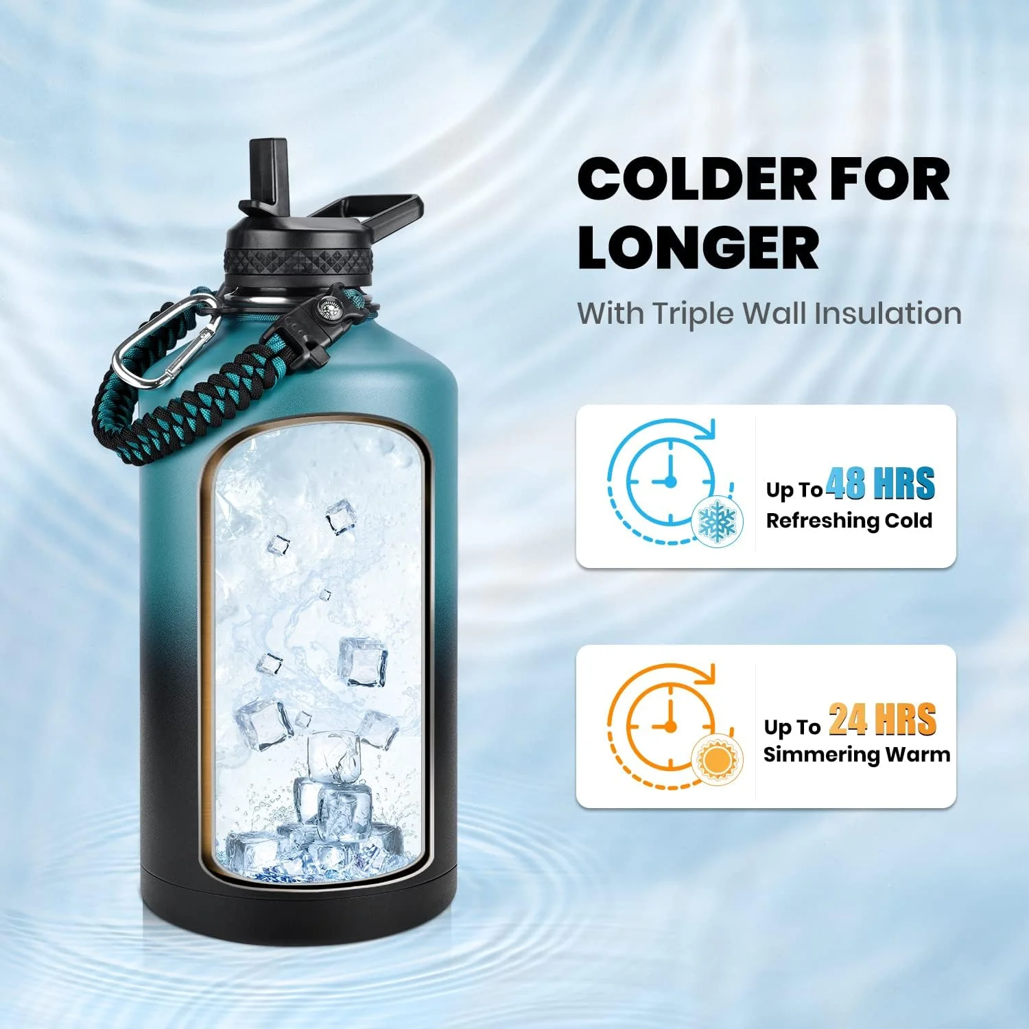 بطری آب یک گالنی عایق RAYMYLO، استیل ضد زنگ سه جداره (سرد برای 48 ساعت)، ضد نشت و بدون BPA، قمقمه آب بزرگ با دسته پاراکورد و درب نی دار