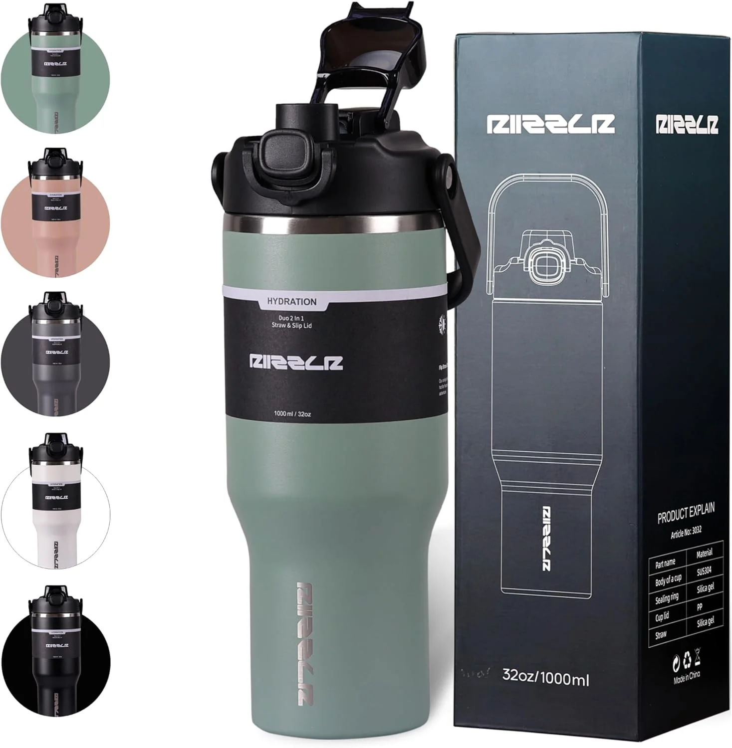 قمقمه آب عایق 1000 میلی لیتری RIIZZLR® با درب نی و جرعه نوشی 2 در 1 - فلاسک خلاء استیل ضد زنگ، دو جداره، بدون BPA، ضد نشت، دهانه گشاد، نوشیدنی ها را 12 ساعت گرم / 24 ساعت سرد نگه می دارد (سبز مریم گلی)