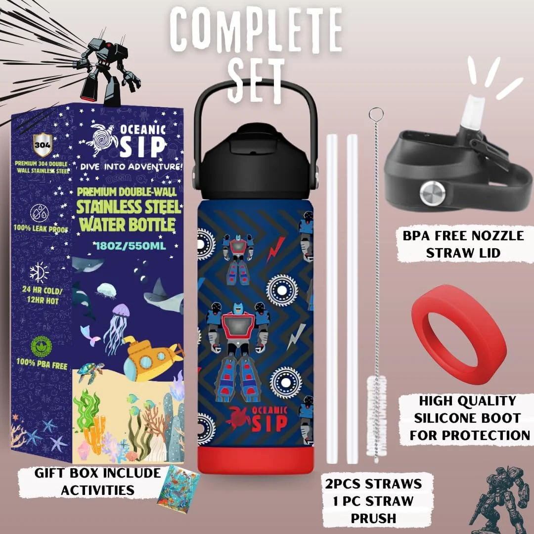 قمقمه آب استیل ضد زنگ پسرانه Oceanic، ۵۵۰ میلی لیتر، عایق خلاء دو جداره، استیل ضد زنگ 304، بدون BPA و ضد نشت (ربات، ۵۵۰ میلی لیتر) قمقمه آب استیل ضد زنگ پسرانه Oceanic، ۵۵۰ میلی لیتر، عایق خلاء دو جداره، استیل ضد زنگ 304، بدون BPA و ضد نشت (ربات، ۵۵۰ میلی لیتر)