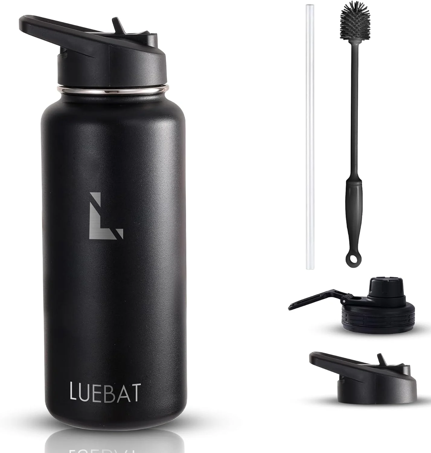 بطری آب LUEBAT، 950 میلی لیتر، دوجداره، عایق خلاء، استیل ضد زنگ، ضد نشت، بدون BPA، قمقمه قابل استفاده مجدد برای نوشیدنی های گرم/سرد، دارای 2 درب، نی و برس تمیز کننده، مشکی