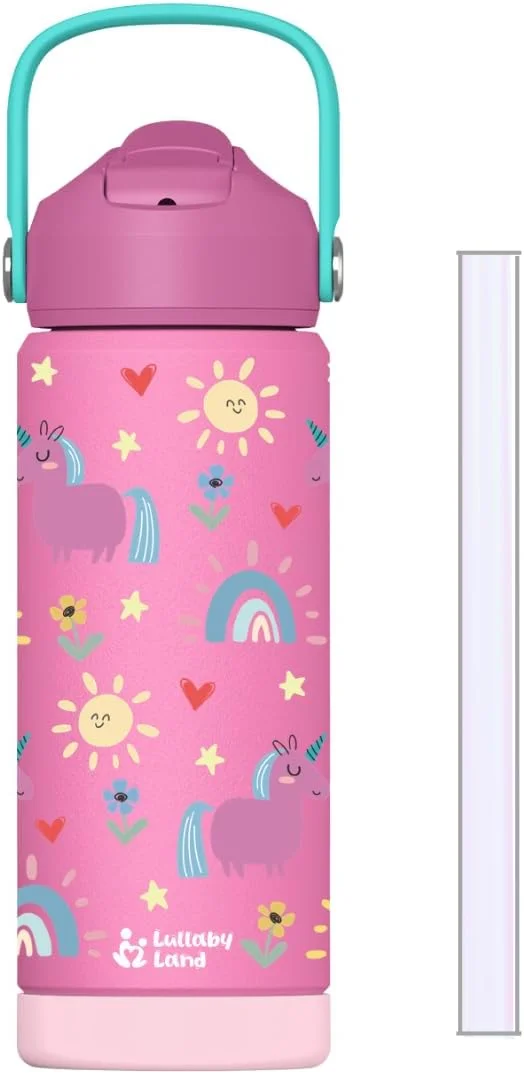 بطری آب استیل 550 میلی لیتری سرزمین لالایی برای کودکان، با این بطری آب کودکان در مدرسه هیدراته بمانید، بطری صورتی تک شاخ بدون نشتی و بدون BPA برای دختران