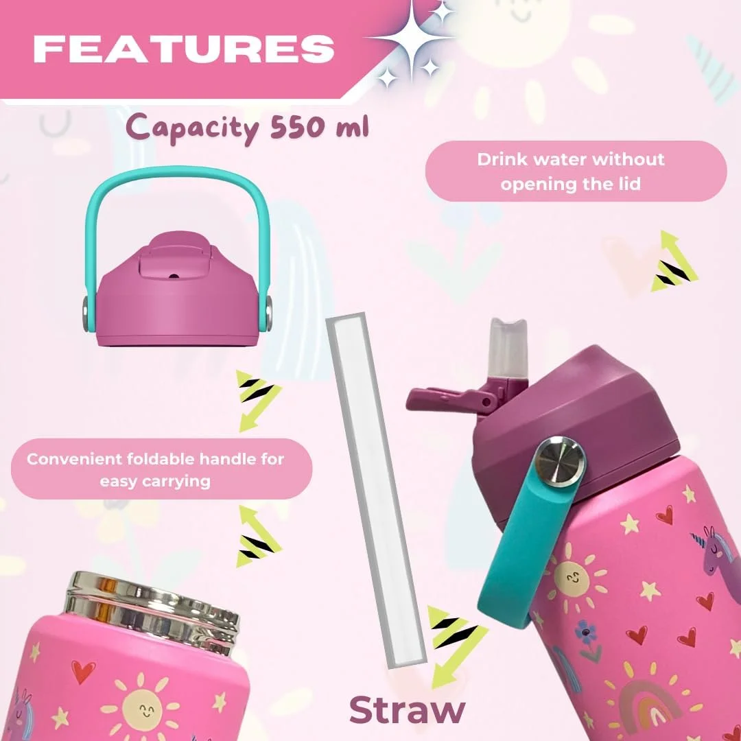 بطری آب استیل 550 میلی لیتری سرزمین لالایی برای کودکان، با این بطری آب کودکان در مدرسه هیدراته بمانید، بطری صورتی تک شاخ بدون نشتی و بدون BPA برای دختران بطری آب استیل 550 میلی لیتری سرزمین لالایی برای کودکان، با این بطری آب کودکان در مدرسه هیدراته بمانید، بطری صورتی تک شاخ بدون نشتی و بدون BPA برای دختران