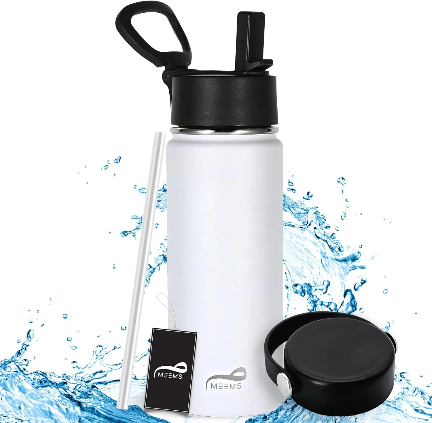 فلاسک عایق دو جداره 550 میلی لیتری MEEMS با 2 درب محکم و نی، قمقمه استیل ضد زنگ بدون BPA - مایعات را تا 6-12 ساعت گرم/سرد نگه می دارد، ماگ خلاء ورزشی ضد نشت (سفید) (سفید)