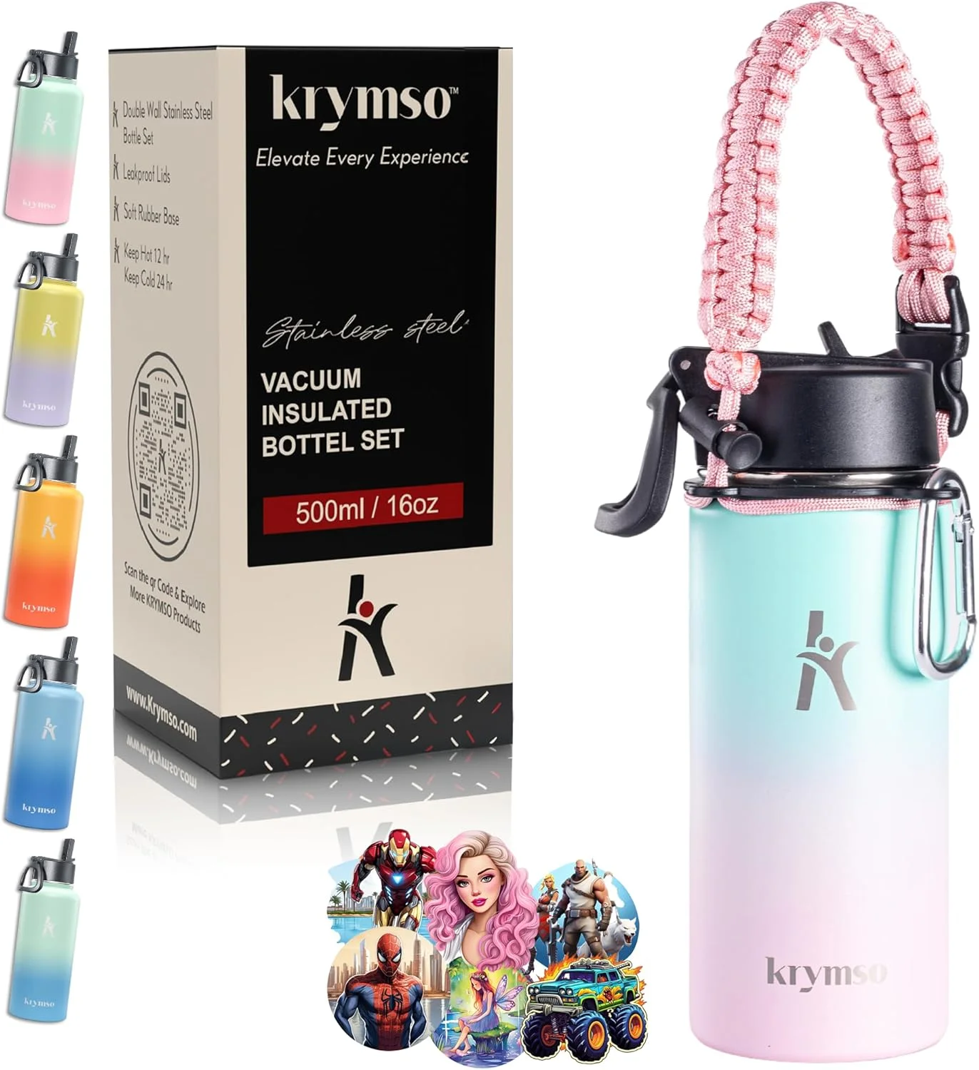 بطری آب استیل ضد زنگ 500 میلی لیتری KRYMSO با استیکرهای هوش مصنوعی برای کودکان به همراه نی، فلاسک، لیوان عایق، آب 500 میلی لیتری (پشمک)