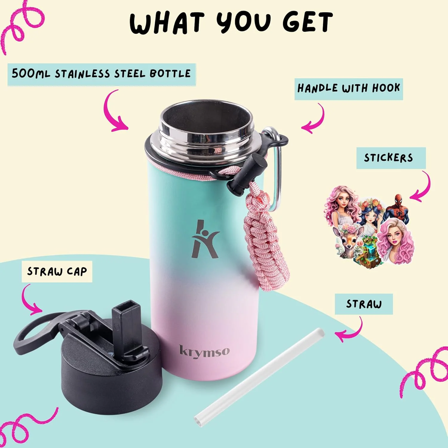 بطری آب استیل ضد زنگ 500 میلی لیتری KRYMSO با استیکرهای هوش مصنوعی برای کودکان به همراه نی، فلاسک، لیوان عایق، آب 500 میلی لیتری (پشمک) بطری آب استیل ضد زنگ 500 میلی لیتری KRYMSO با استیکرهای هوش مصنوعی برای کودکان به همراه نی، فلاسک، لیوان عایق، آب 500 میلی لیتری (پشمک)