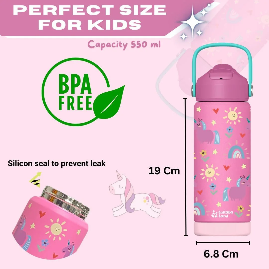 بطری آب استیل 550 میلی لیتری سرزمین لالایی برای کودکان، با این بطری آب کودکان در مدرسه هیدراته بمانید، بطری صورتی تک شاخ بدون نشتی و بدون BPA برای دختران بطری آب استیل 550 میلی لیتری سرزمین لالایی برای کودکان، با این بطری آب کودکان در مدرسه هیدراته بمانید، بطری صورتی تک شاخ بدون نشتی و بدون BPA برای دختران