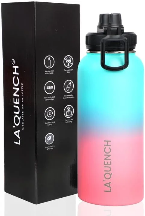بطری آب استیل ضد زنگ LA'QUENCH™ با عایق دو جداره 1 لیتری / 32 اونسی، فلاسک ترموس دهانه گشاد مناسب باشگاه و ورزش (سبز دریایی و صورتی)