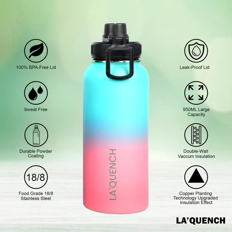 بطری آب استیل ضد زنگ LA'QUENCH™ با عایق دو جداره 1 لیتری / 32 اونسی، فلاسک ترموس دهانه گشاد مناسب باشگاه و ورزش (سبز دریایی و صورتی) بطری آب استیل ضد زنگ LA'QUENCH™ با عایق دو جداره 1 لیتری / 32 اونسی، فلاسک ترموس دهانه گشاد مناسب باشگاه و ورزش (سبز دریایی و صورتی)