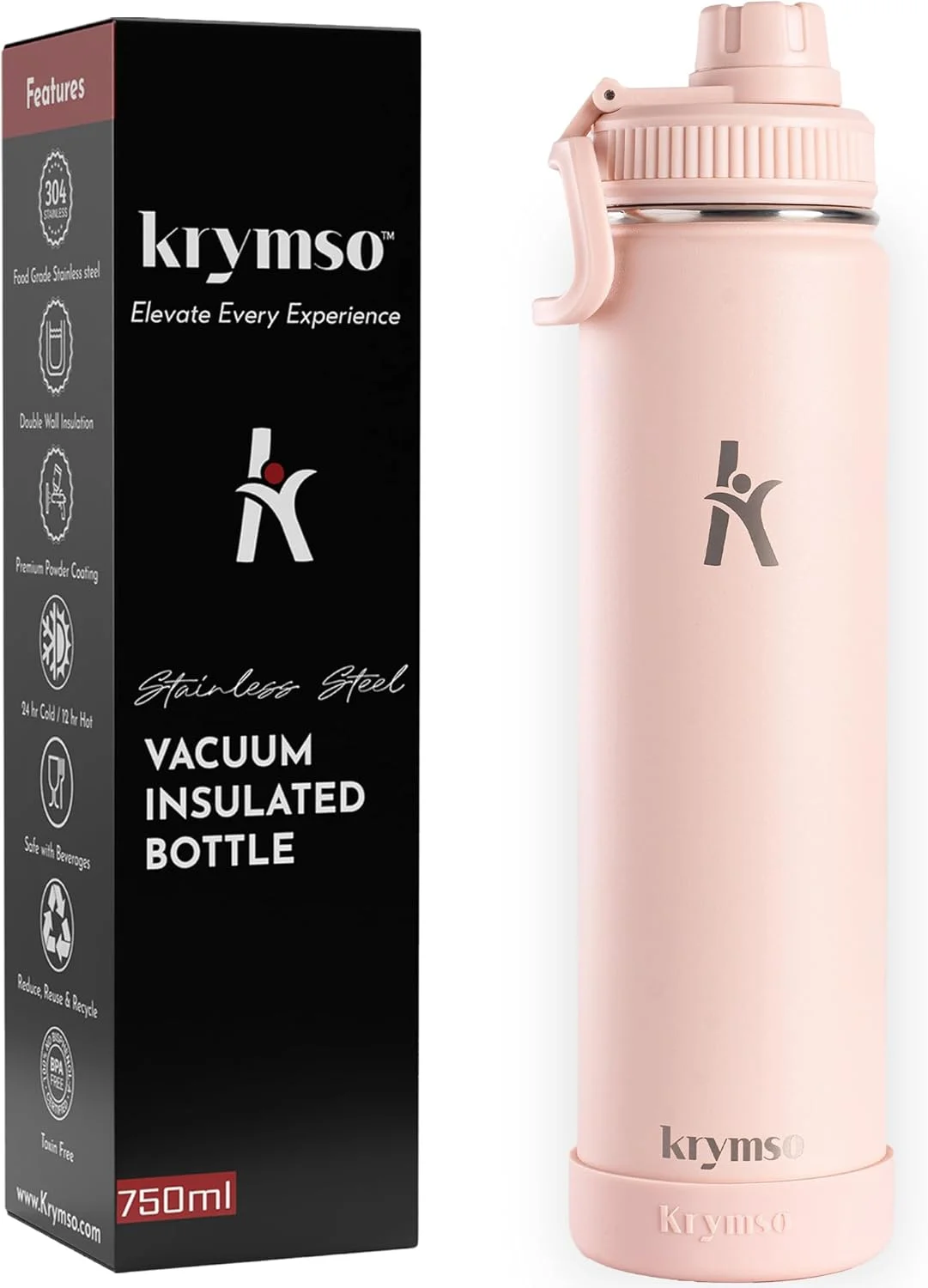 بطری آب استیل ضد زنگ 750 میلی لیتری KRYMSO، بطری آب عایق دو جداره، ضد نشت، بدون BPA، دارای روکش سیلیکونی، فلاسک، بطری سرد و گرم برای کودکان، مدرسه، باشگاه (صورتی گلگون) بطری آب استیل ضد زنگ 750 میلی لیتری KRYMSO، بطری آب عایق دو جداره، ضد نشت، بدون BPA، دارای روکش سیلیکونی، فلاسک، بطری سرد و گرم برای کودکان، مدرسه، باشگاه (صورتی گلگون)