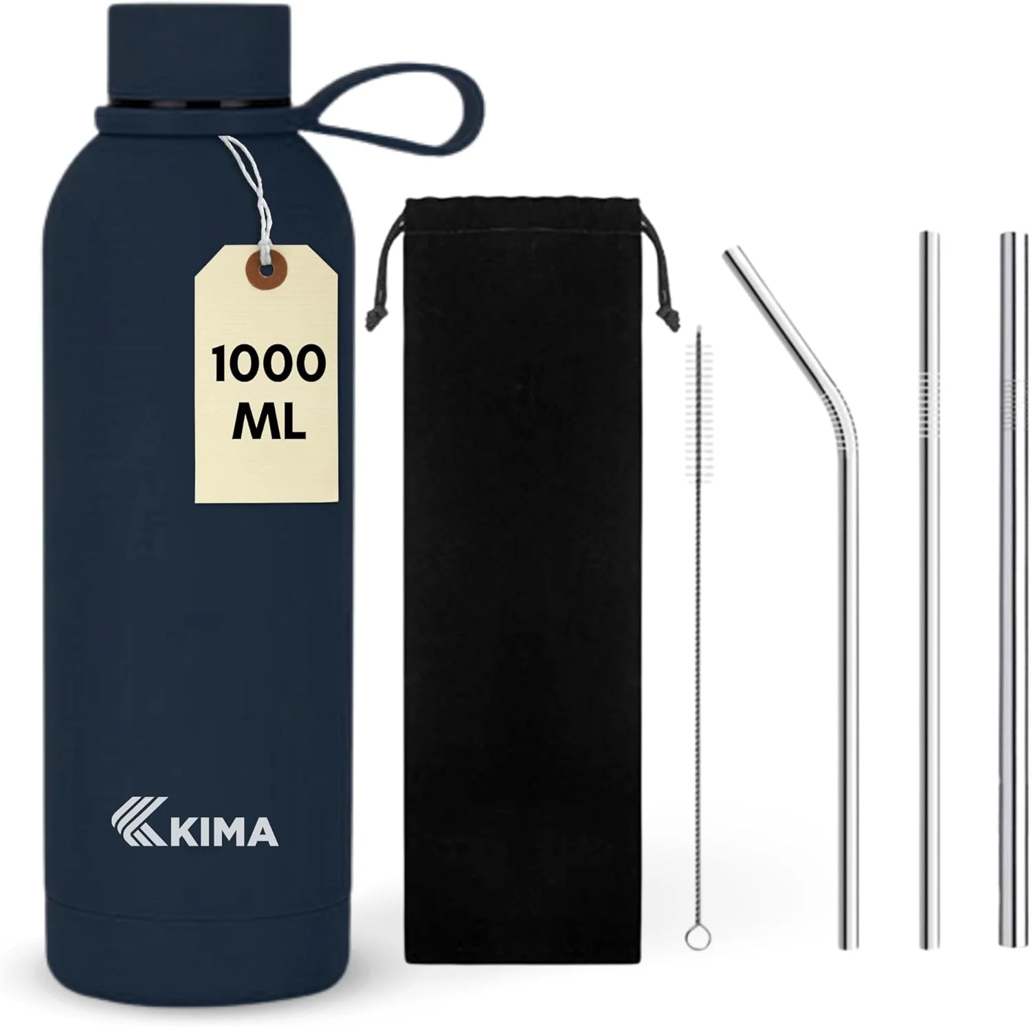 بطری آب عایق KIMA با ظرفیت 1 لیتر - فلاسک استیل ضد زنگ | نوشیدنی های گرم و سرد | بطری آب ورزشی قابل حمل با روکش مات | شامل نی های قابل استفاده مجدد و برس تمیز کننده (آبی سرمه ای) بطری آب عایق KIMA با ظرفیت 1 لیتر - فلاسک استیل ضد زنگ | نوشیدنی های گرم و سرد | بطری آب ورزشی قابل حمل با روکش مات | شامل نی های قابل استفاده مجدد و برس تمیز کننده (آبی سرمه ای)