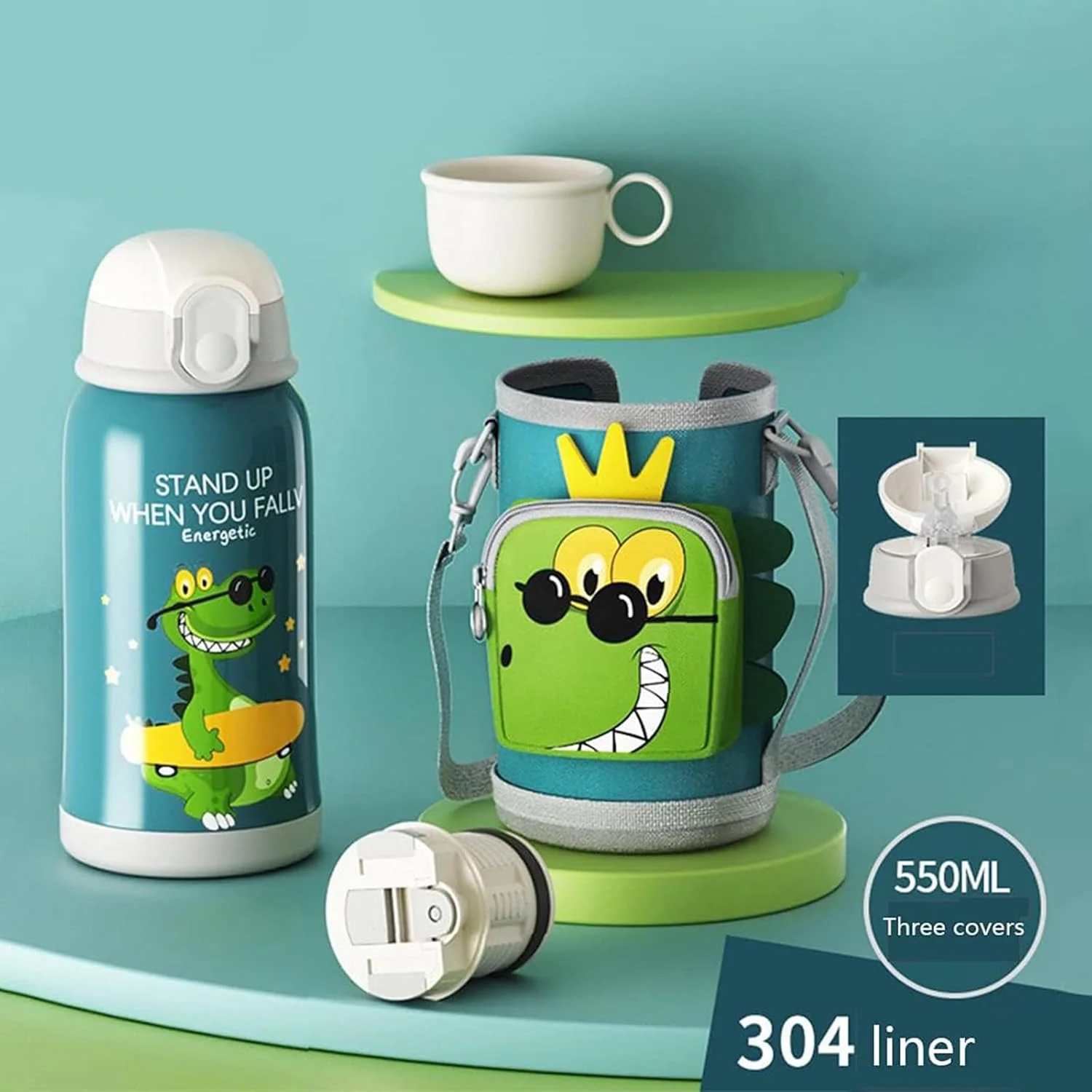 بطری نی دار عایق خلاء استیل ضد زنگ Joyzzz برای کودکان، بطری آب 550 میلی لیتری برای مدرسه کودکان به همراه نی، ست فنجان و 3 درب، فلاسک آب کودکان با بند شانه (دایناسور کوچک) بطری نی دار عایق خلاء استیل ضد زنگ Joyzzz برای کودکان، بطری آب 550 میلی لیتری برای مدرسه کودکان به همراه نی، ست فنجان و 3 درب، فلاسک آب کودکان با بند شانه (دایناسور کوچک)