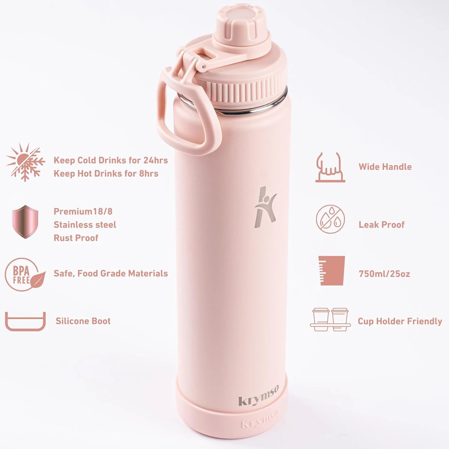 بطری آب استیل ضد زنگ 750 میلی لیتری KRYMSO، بطری آب عایق دو جداره، ضد نشت، بدون BPA، دارای روکش سیلیکونی، فلاسک، بطری سرد و گرم برای کودکان، مدرسه، باشگاه (صورتی گلگون) بطری آب استیل ضد زنگ 750 میلی لیتری KRYMSO، بطری آب عایق دو جداره، ضد نشت، بدون BPA، دارای روکش سیلیکونی، فلاسک، بطری سرد و گرم برای کودکان، مدرسه، باشگاه (صورتی گلگون)