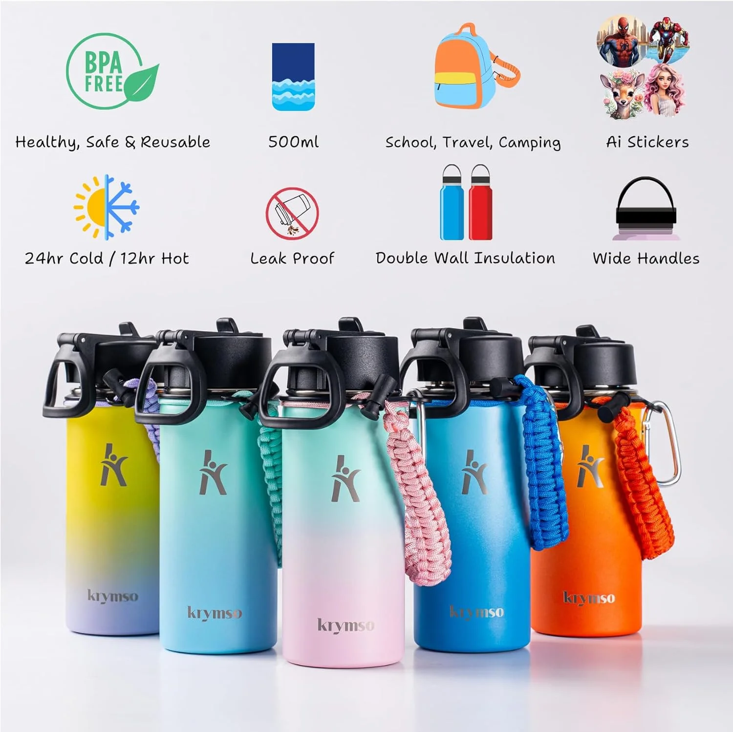 بطری آب استیل ضد زنگ 500 میلی لیتری KRYMSO با استیکرهای هوش مصنوعی برای کودکان به همراه نی، فلاسک، لیوان عایق، آب 500 میلی لیتری (پشمک) بطری آب استیل ضد زنگ 500 میلی لیتری KRYMSO با استیکرهای هوش مصنوعی برای کودکان به همراه نی، فلاسک، لیوان عایق، آب 500 میلی لیتری (پشمک)