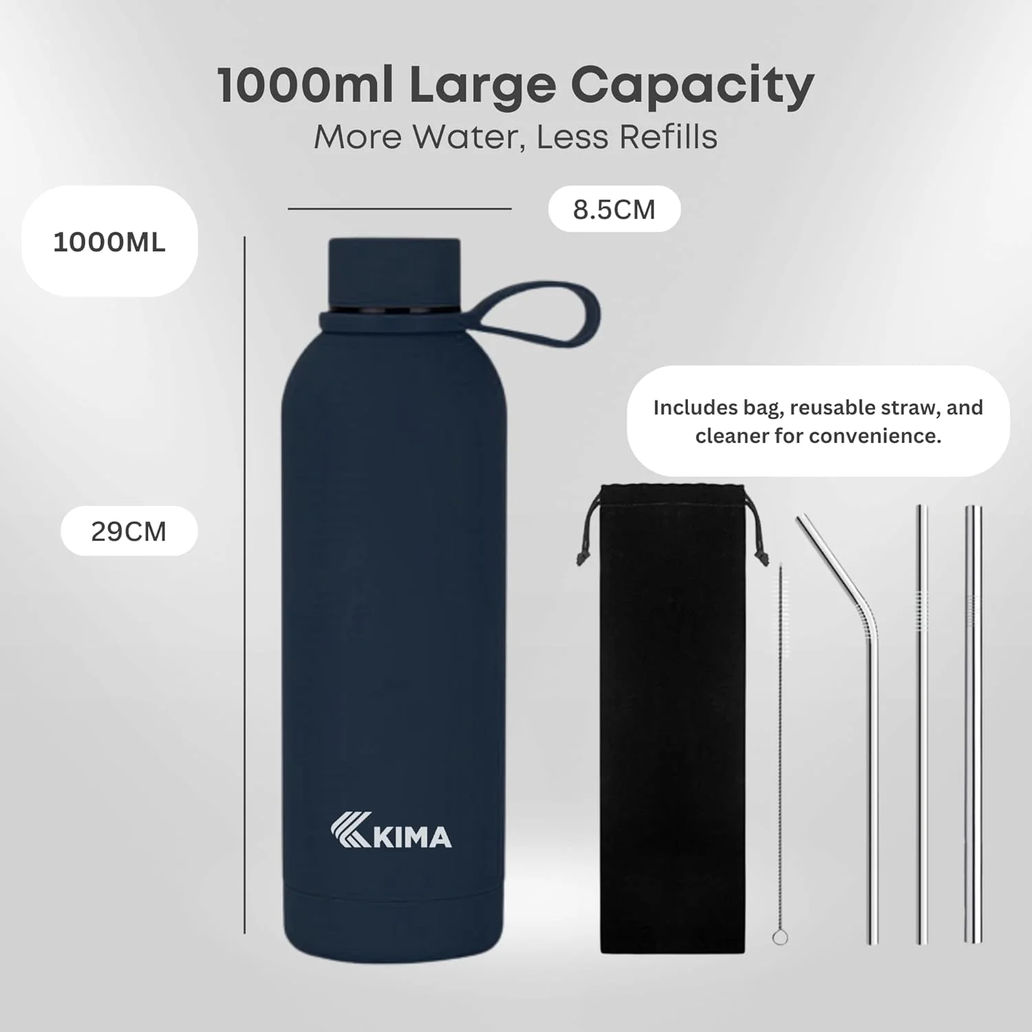 بطری آب عایق KIMA با ظرفیت 1 لیتر - فلاسک استیل ضد زنگ | نوشیدنی های گرم و سرد | بطری آب ورزشی قابل حمل با روکش مات | شامل نی های قابل استفاده مجدد و برس تمیز کننده (آبی سرمه ای) بطری آب عایق KIMA با ظرفیت 1 لیتر - فلاسک استیل ضد زنگ | نوشیدنی های گرم و سرد | بطری آب ورزشی قابل حمل با روکش مات | شامل نی های قابل استفاده مجدد و برس تمیز کننده (آبی سرمه ای)