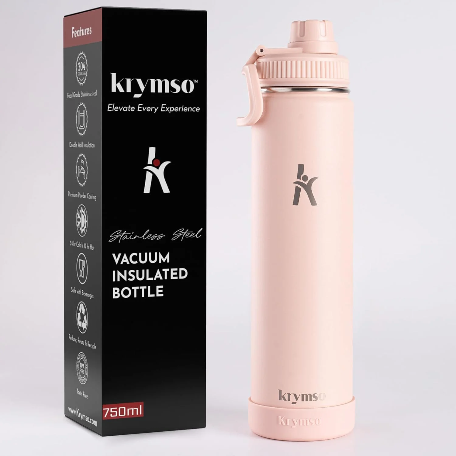 بطری آب استیل ضد زنگ 750 میلی لیتری KRYMSO، بطری آب عایق دو جداره، ضد نشت، بدون BPA، دارای روکش سیلیکونی، فلاسک، بطری سرد و گرم برای کودکان، مدرسه، باشگاه (صورتی گلگون) بطری آب استیل ضد زنگ 750 میلی لیتری KRYMSO، بطری آب عایق دو جداره، ضد نشت، بدون BPA، دارای روکش سیلیکونی، فلاسک، بطری سرد و گرم برای کودکان، مدرسه، باشگاه (صورتی گلگون)