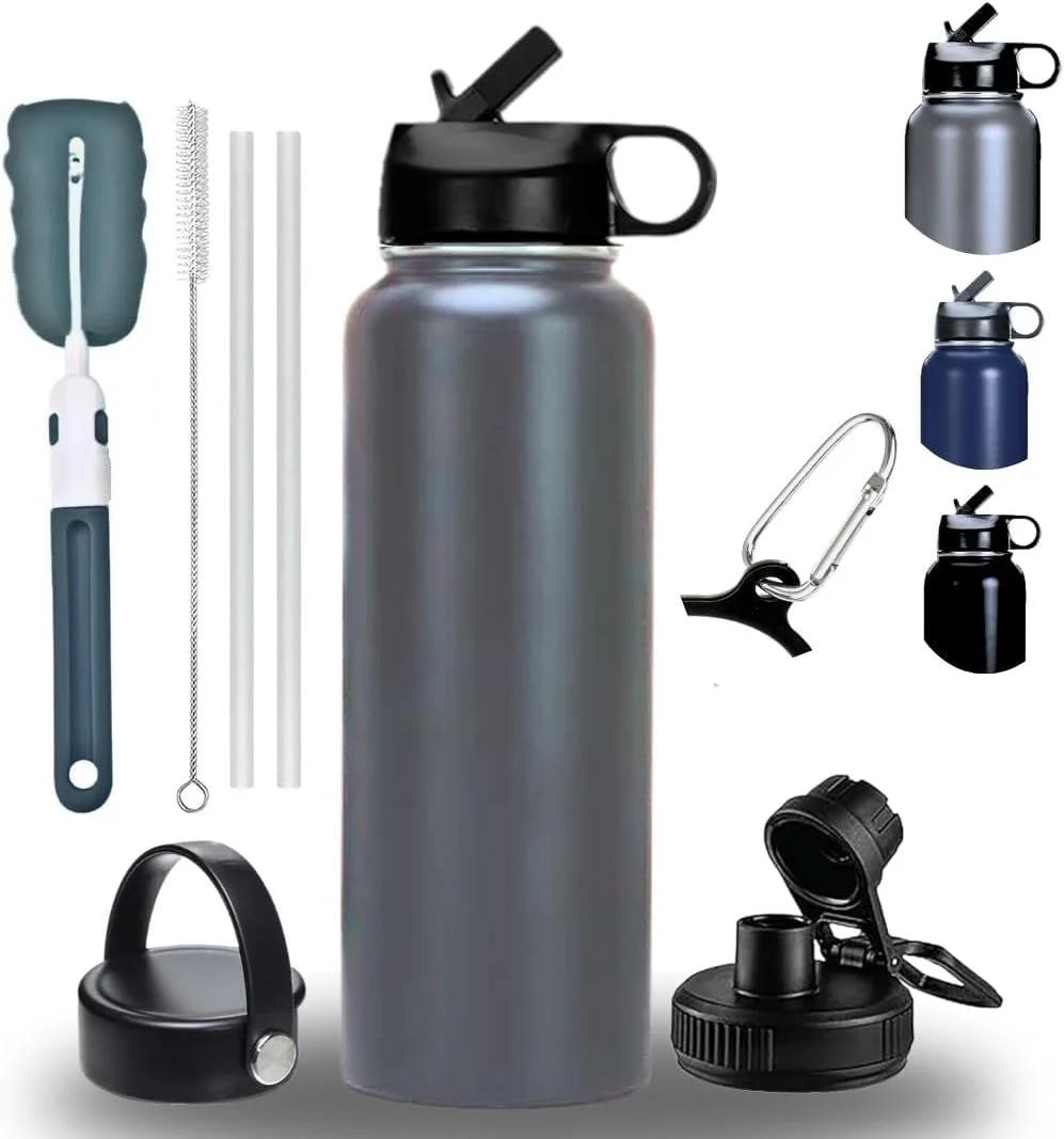 بطری آب عایق 950 میلی لیتری، بطری استیل ضد زنگ سه جداره با دهانه پهن به همراه 3 درب، نی، برس و فلاسک آب سرد و گرم، بطری ورزشی برای باشگاه و مسافرت، 32oz (خاکستری) بطری آب عایق 950 میلی لیتری، بطری استیل ضد زنگ سه جداره با دهانه پهن به همراه 3 درب، نی، برس و فلاسک آب سرد و گرم، بطری ورزشی برای باشگاه و مسافرت، 32oz (خاکستری)