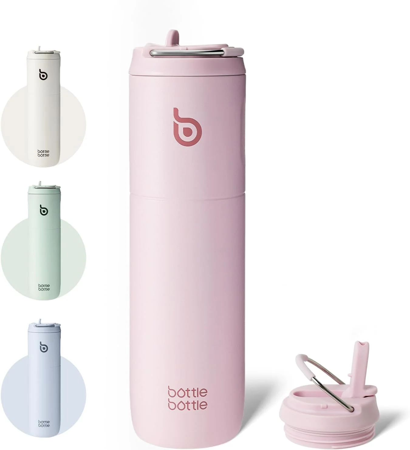 بطری آب عایق بندی شده BOTTLE BOTTLE با ظرفیت 24 اونس به همراه درب نی دار و دسته برای ورزش، مسافرت، باشگاه، بطری های آب استیل ضد زنگ، بطری های فلزی دوجداره خلاء، ضد نشت و بدون BPA