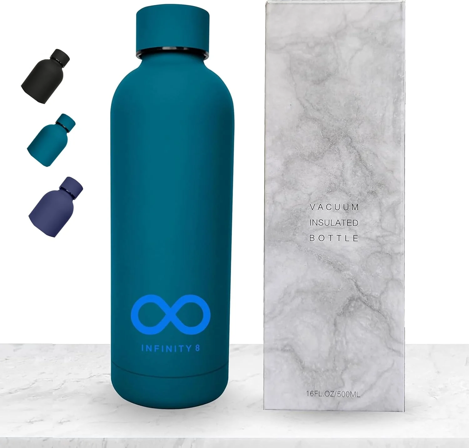 بطری آب INFINITY 8، قمقمه استیل ضد زنگ، 500 میلی لیتر/17 اونس، بطری آب عایق خلاء دو جداره، قمقمه ضد نشت، فاقد BPA، بطری آب (آبی)