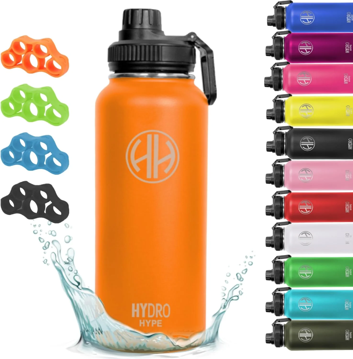 بطری آب استیل HYDRO HYPE، 1 لیتر، فلاسک دوجداره 32 اونس، قمقمه برای ورزش، باشگاه، مدرسه کودکان، خانه، دفتر، عایق خلاء، همراه با یک عدد تمرین دهنده انگشتی سیلیکونی (نارنجی تند)