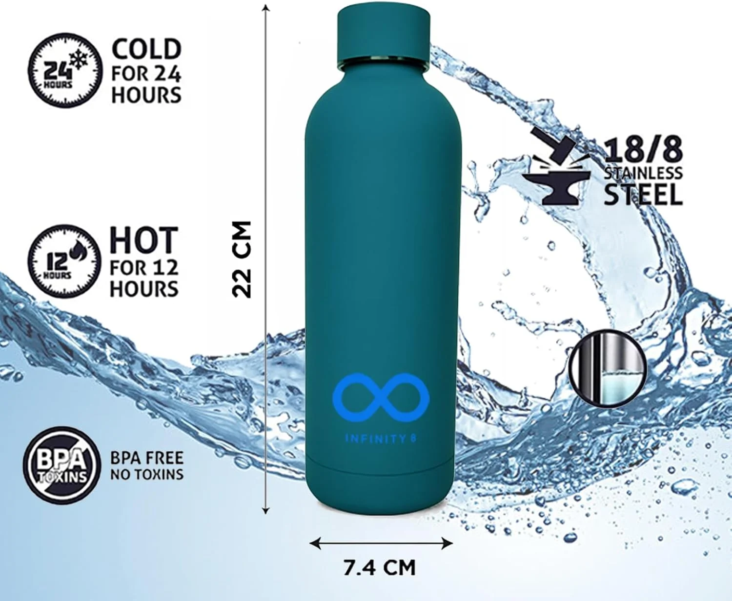 بطری آب INFINITY 8، قمقمه استیل ضد زنگ، 500 میلی لیتر/17 اونس، بطری آب عایق خلاء دو جداره، قمقمه ضد نشت، فاقد BPA، بطری آب (آبی) بطری آب INFINITY 8، قمقمه استیل ضد زنگ، 500 میلی لیتر/17 اونس، بطری آب عایق خلاء دو جداره، قمقمه ضد نشت، فاقد BPA، بطری آب (آبی)