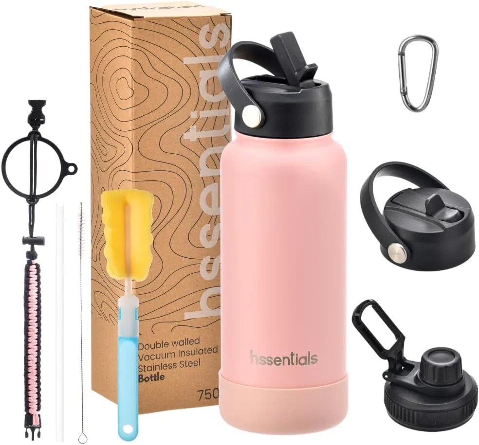 بطری آب عایق خلاء 1000 میلی لیتری Hssentials، فلاسک استیل ضد زنگ دو جداره با درب نی دار و دهانه گشاد، دارای 2 درب، قمقمه آب سرد و گرم، بطری ورزشی، 34 اونس (صورتی پاستیلی) بطری آب عایق خلاء 1000 میلی لیتری Hssentials، فلاسک استیل ضد زنگ دو جداره با درب نی دار و دهانه گشاد، دارای 2 درب، قمقمه آب سرد و گرم، بطری ورزشی، 34 اونس (صورتی پاستیلی)