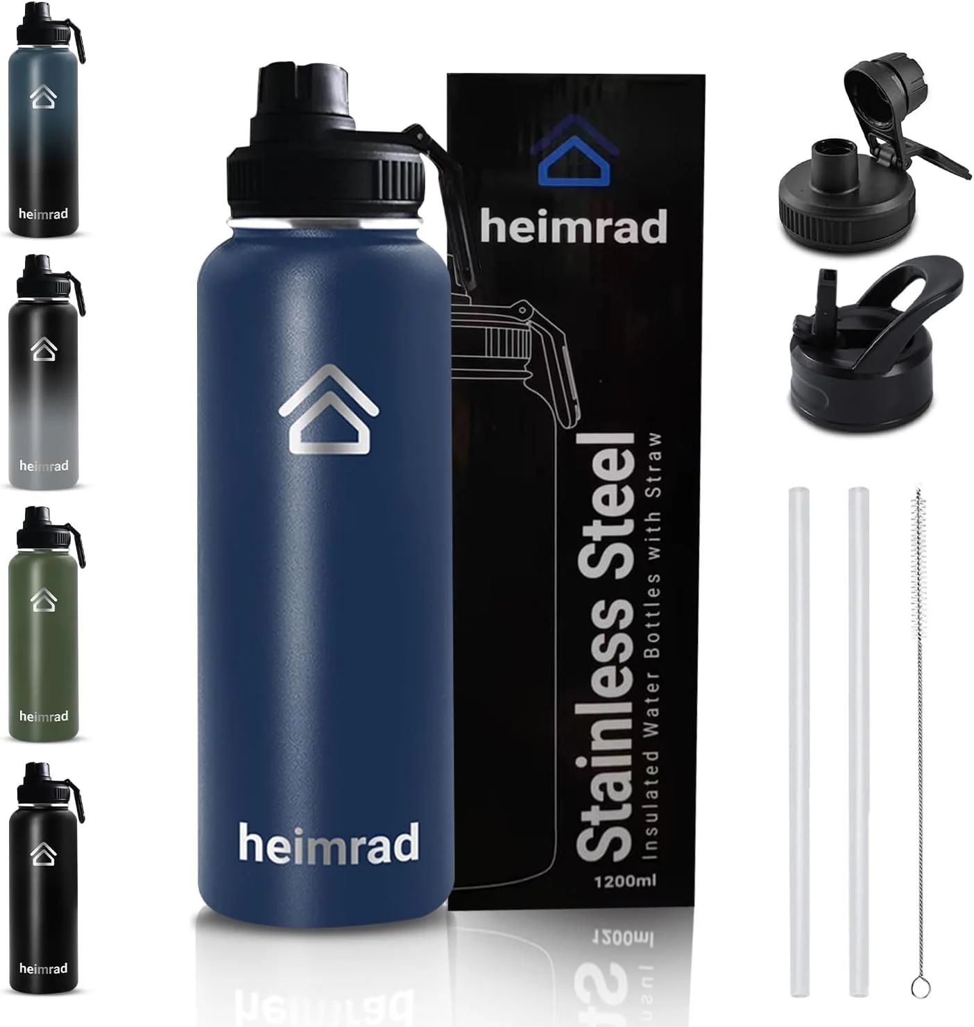 بطری آب استیل ضد زنگ 1200 میلی لیتری HEIMRAD با درب نی دار و درب خروجی، بطری ورزشی عایق خلاء دو جداره دهانه گشاد بدون BPA ضد نشت آبی بطری آب استیل ضد زنگ 1200 میلی لیتری HEIMRAD با درب نی دار و درب خروجی، بطری ورزشی عایق خلاء دو جداره دهانه گشاد بدون BPA ضد نشت آبی