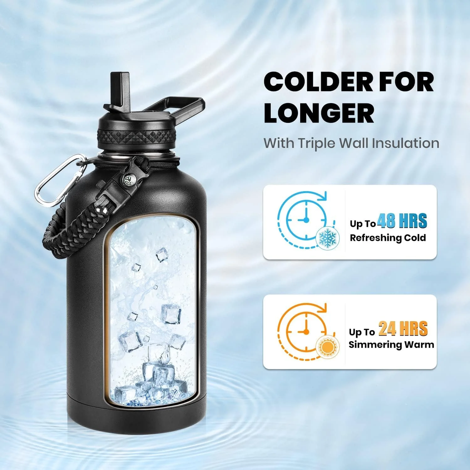 بطری آب عایق FOINN با ظرفیت 64 اونس (تقریباً 1.9 لیتر)، استیل ضد زنگ سه جداره (سرد برای 48 ساعت)، ضد نشت و بدون BPA، قمقمه آب نیم گالنی با دسته پاراکورد و درب های نی دار و خروجی (مشکی-قرمز) بطری آب عایق FOINN با ظرفیت 64 اونس (تقریباً 1.9 لیتر)، استیل ضد زنگ سه جداره (سرد برای 48 ساعت)، ضد نشت و بدون BPA، قمقمه آب نیم گالنی با دسته پاراکورد و درب های نی دار و خروجی (مشکی-قرمز)