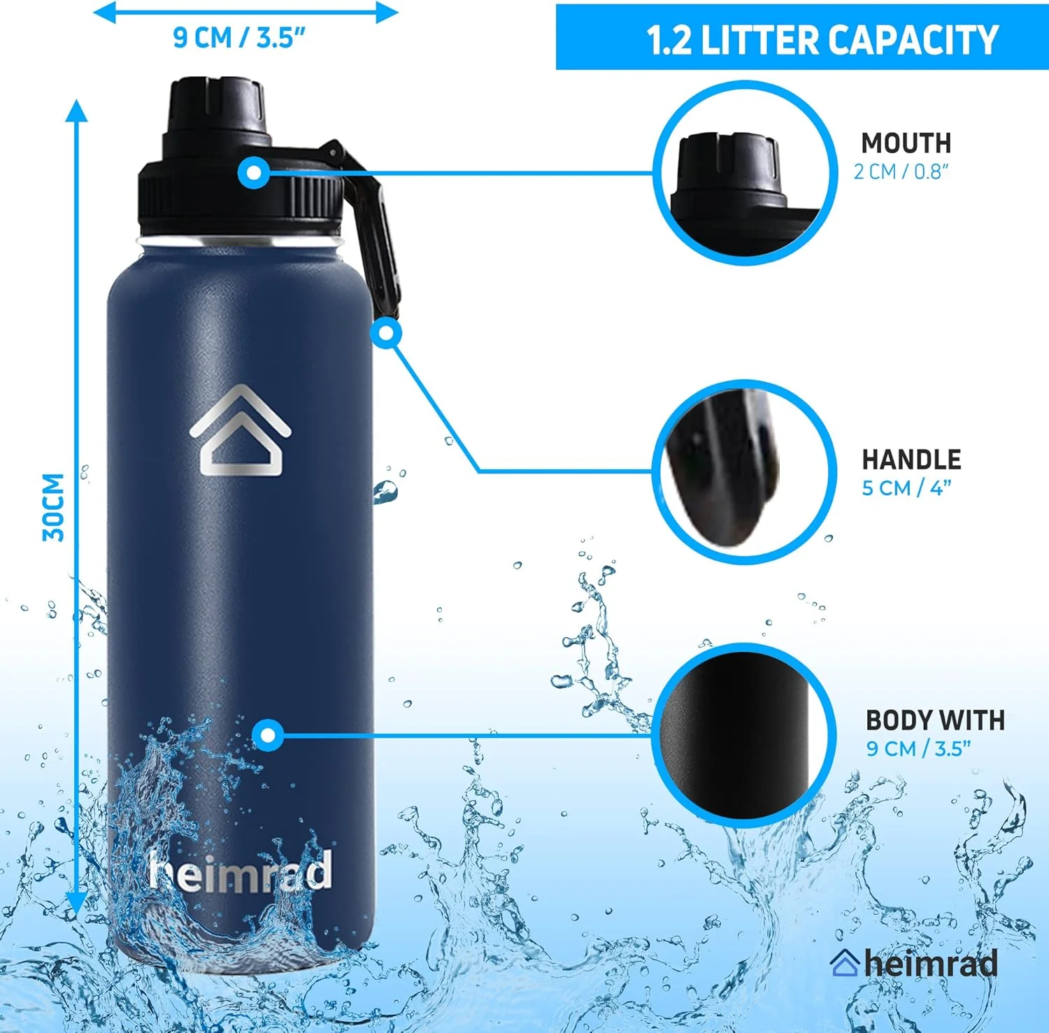 بطری آب استیل ضد زنگ 1200 میلی لیتری HEIMRAD با درب نی دار و درب خروجی، بطری ورزشی عایق خلاء دو جداره دهانه گشاد بدون BPA ضد نشت آبی بطری آب استیل ضد زنگ 1200 میلی لیتری HEIMRAD با درب نی دار و درب خروجی، بطری ورزشی عایق خلاء دو جداره دهانه گشاد بدون BPA ضد نشت آبی