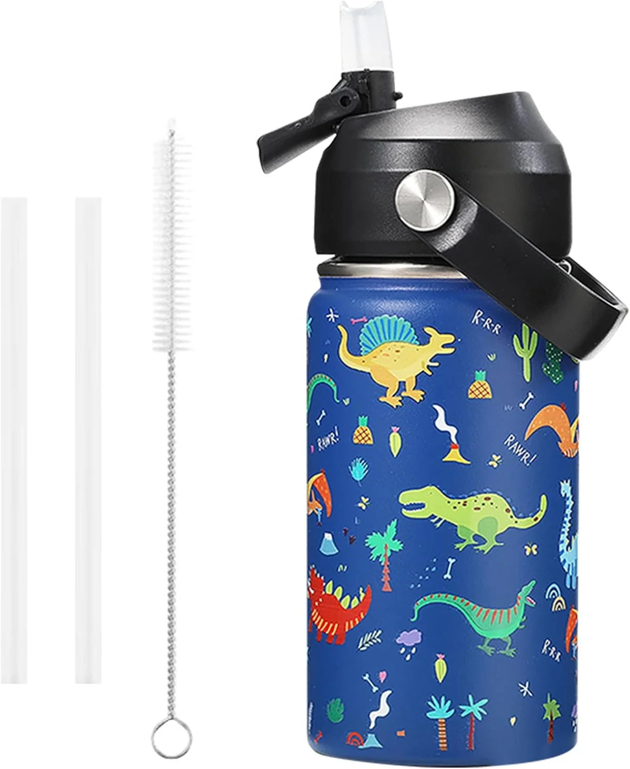 بطری آب کودک Homarket، فولاد ضد زنگ 18/8، فلاسک عایق دو جداره، مناسب مایعات سرد و گرم، بطری ورزشی مدرسه با 3 نی و یک برس کوچک (360 میلی لیتر، طرح دایناسور آبی) بطری آب کودک Homarket، فولاد ضد زنگ 18/8، فلاسک عایق دو جداره، مناسب مایعات سرد و گرم، بطری ورزشی مدرسه با 3 نی و یک برس کوچک (360 میلی لیتر، طرح دایناسور آبی)