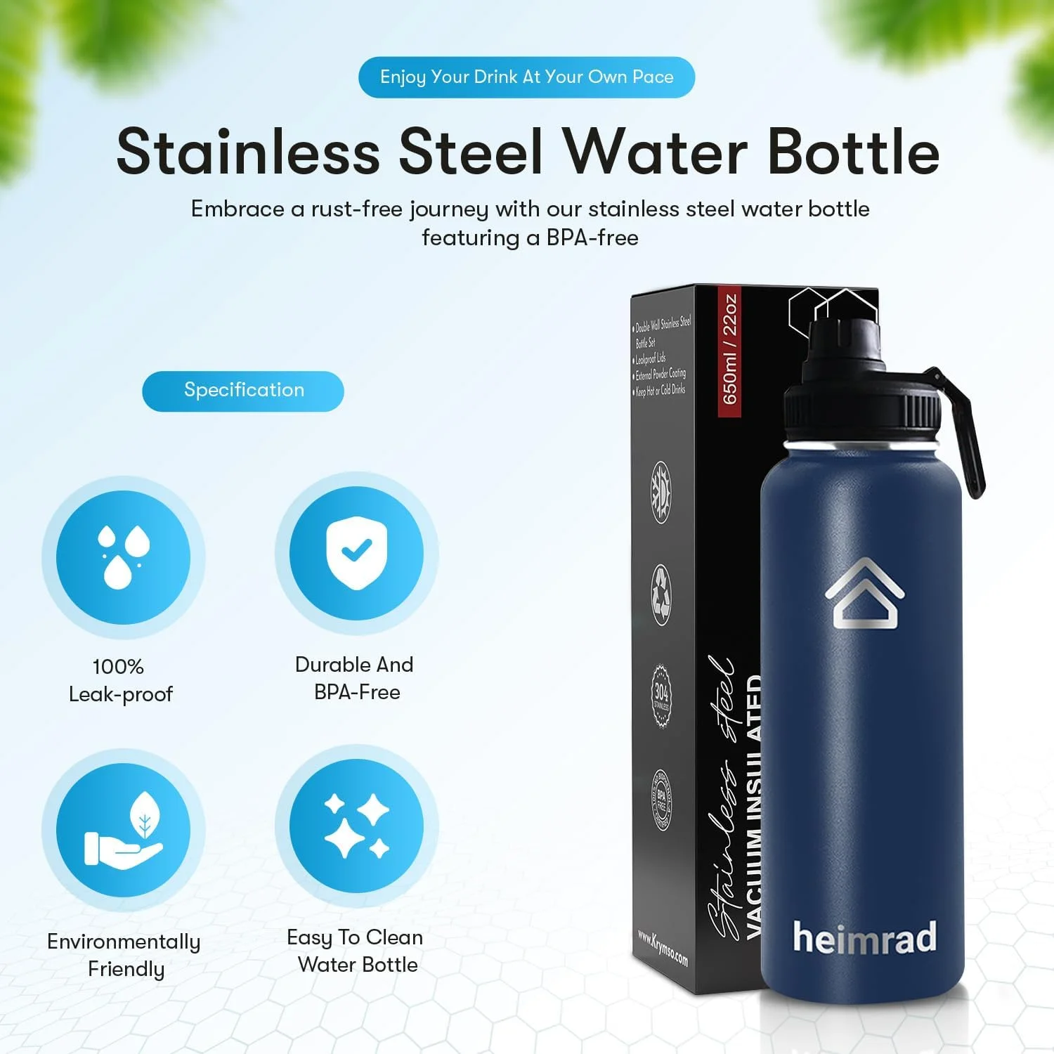 بطری آب استیل ضد زنگ 1200 میلی لیتری HEIMRAD با درب نی دار و درب خروجی، بطری ورزشی عایق خلاء دو جداره دهانه گشاد بدون BPA ضد نشت آبی بطری آب استیل ضد زنگ 1200 میلی لیتری HEIMRAD با درب نی دار و درب خروجی، بطری ورزشی عایق خلاء دو جداره دهانه گشاد بدون BPA ضد نشت آبی