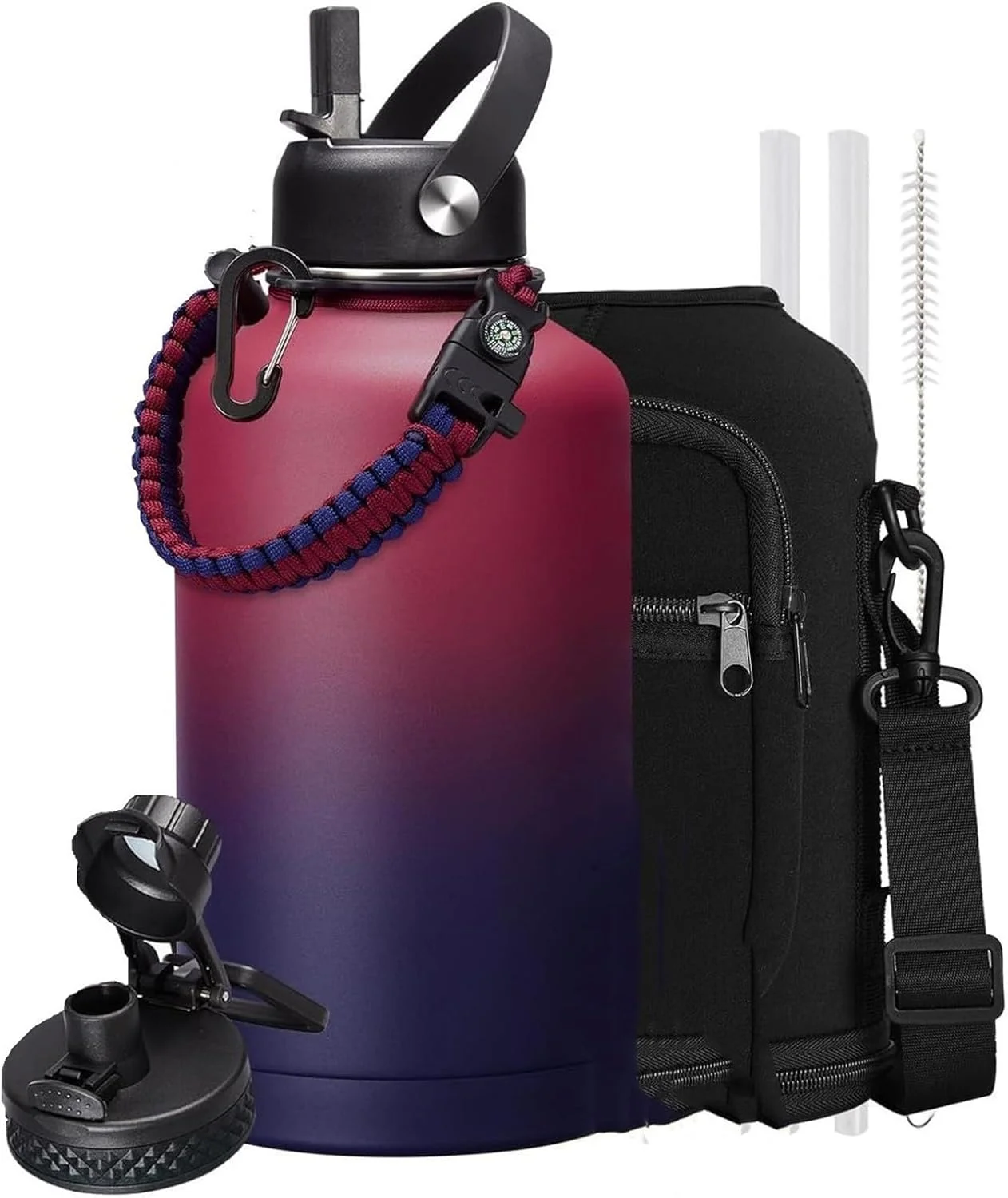 بطری آب عایق FOINN با ظرفیت 64 اونس، استیل ضد زنگ سه جداره (سرد برای 48 ساعت)، ضد نشت و بدون BPA، قمقمه آب نیم گالنی با دسته پاراکورد و درب های نی دار (مشکی-قرمز)