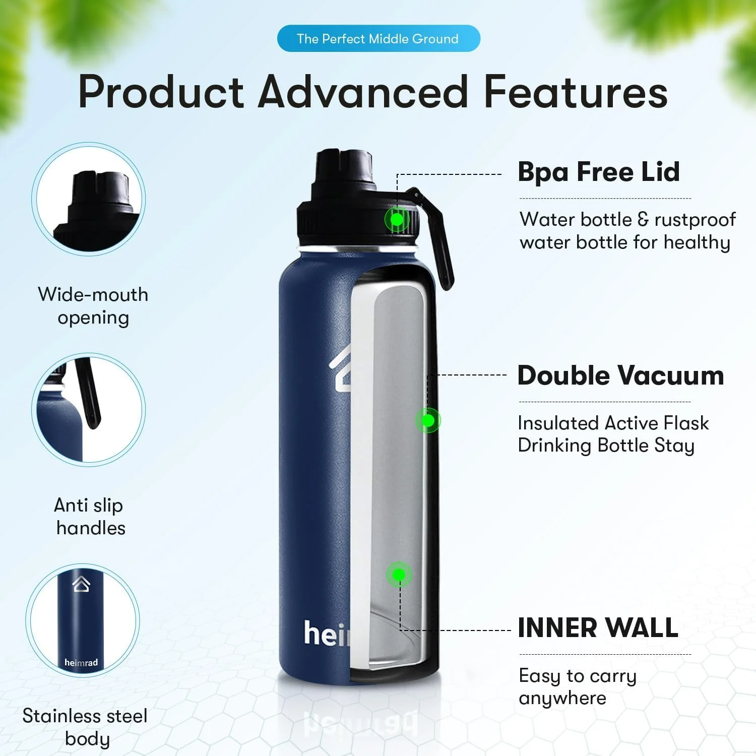 بطری آب استیل ضد زنگ 1200 میلی لیتری HEIMRAD با درب نی دار و درب خروجی، بطری ورزشی عایق خلاء دو جداره دهانه گشاد بدون BPA ضد نشت آبی بطری آب استیل ضد زنگ 1200 میلی لیتری HEIMRAD با درب نی دار و درب خروجی، بطری ورزشی عایق خلاء دو جداره دهانه گشاد بدون BPA ضد نشت آبی