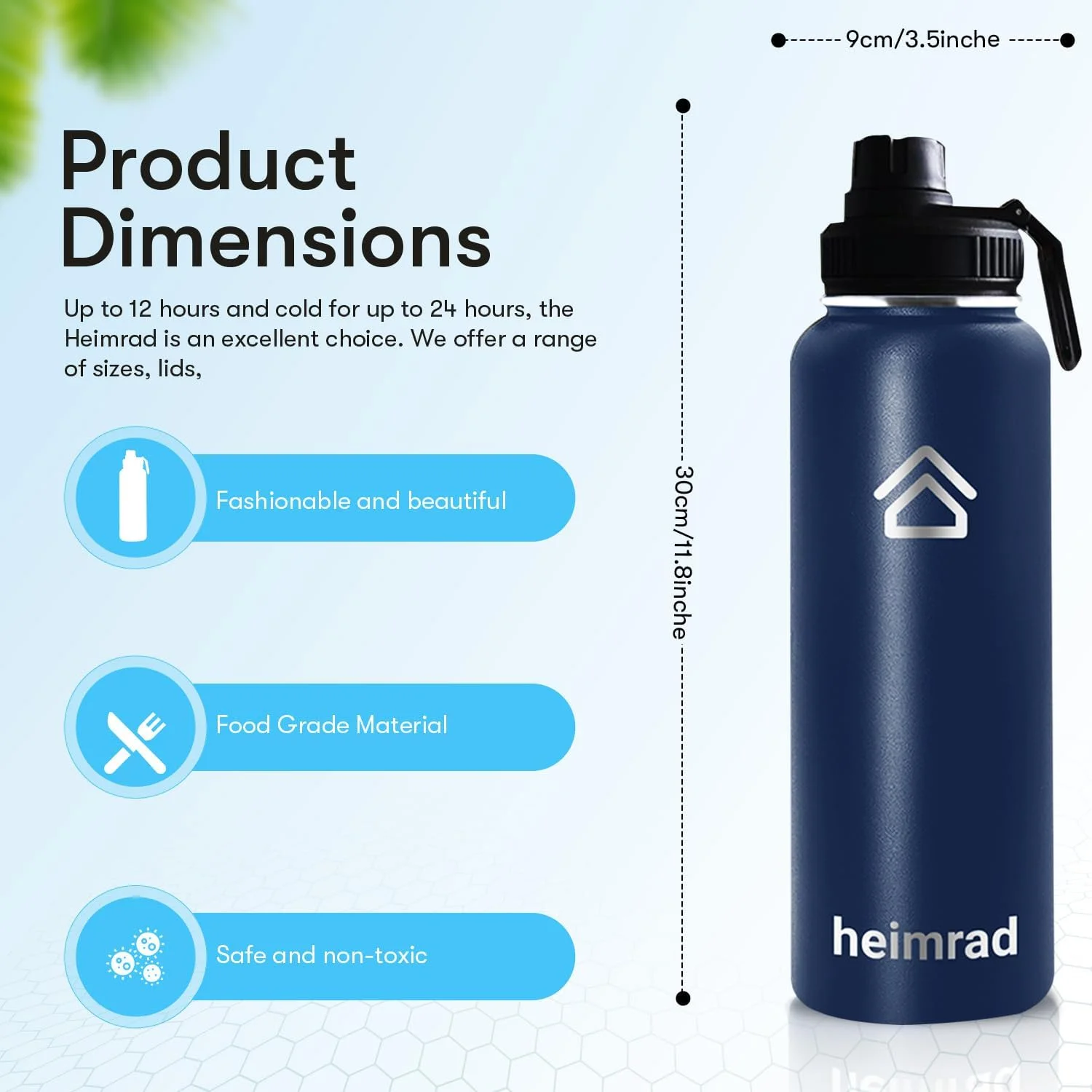 بطری آب استیل ضد زنگ 1200 میلی لیتری HEIMRAD با درب نی دار و درب خروجی، بطری ورزشی عایق خلاء دو جداره دهانه گشاد بدون BPA ضد نشت آبی بطری آب استیل ضد زنگ 1200 میلی لیتری HEIMRAD با درب نی دار و درب خروجی، بطری ورزشی عایق خلاء دو جداره دهانه گشاد بدون BPA ضد نشت آبی