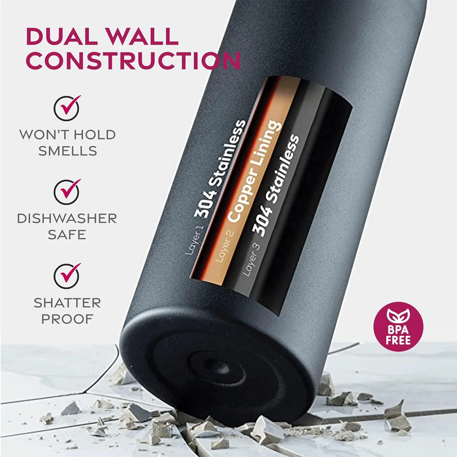 بطری آب استیل ضد زنگ سه جداره فاین داین با درب نی دار - درب تاشو - درب دهانه گشاد (768 میلی لیتر)، بطری های آب عایق، نوشیدنی ها را گرم و سرد نگه می دارد - ایده آل برای پیاده روی و دوچرخه سواری (مشکی کلاغی)