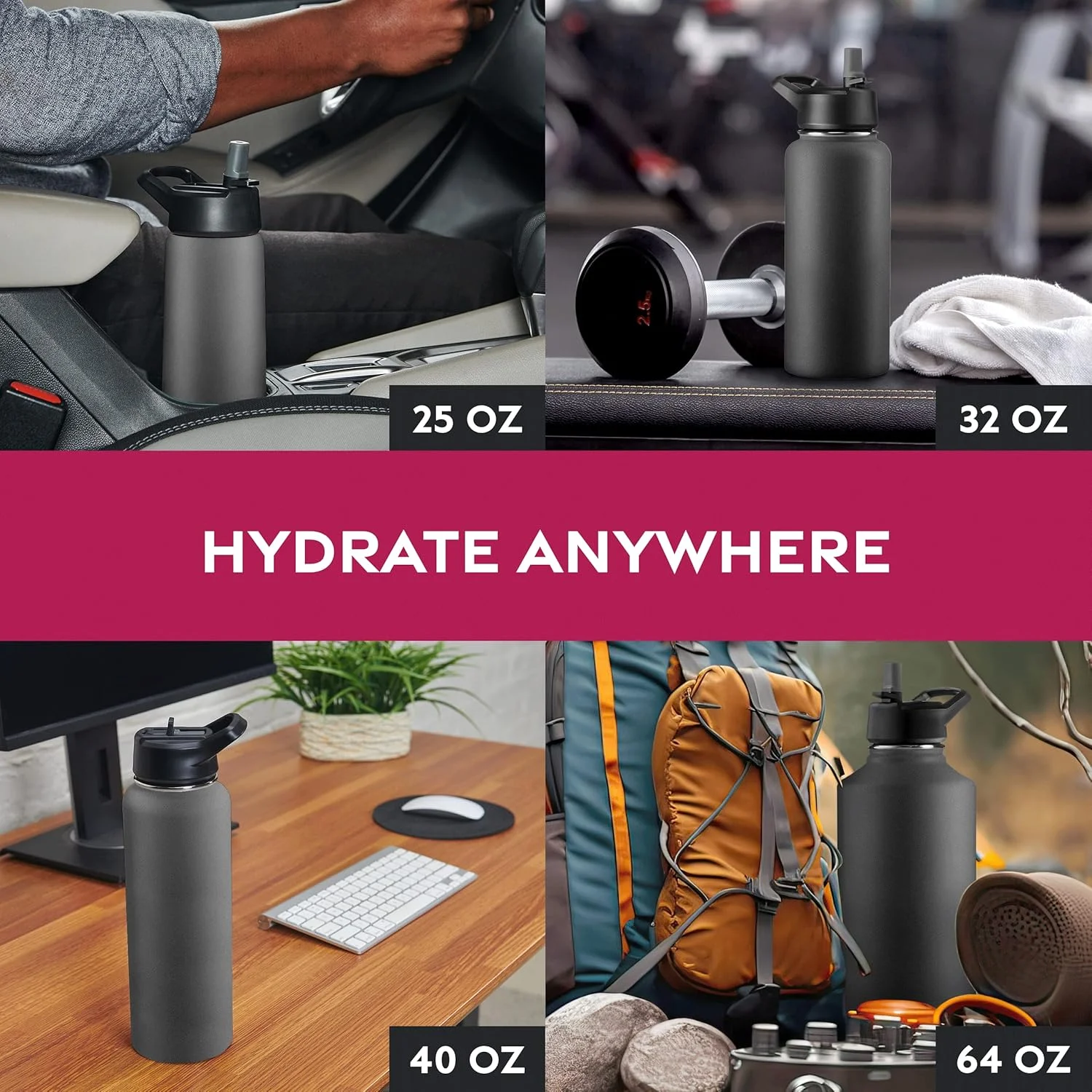 بطری آب استیل ضد زنگ سه جداره فاین داین با درب نی دار - درب تاشو - درب دهانه گشاد (768 میلی لیتر)، بطری های آب عایق، نوشیدنی ها را گرم و سرد نگه می دارد - ایده آل برای پیاده روی و دوچرخه سواری (مشکی کلاغی)