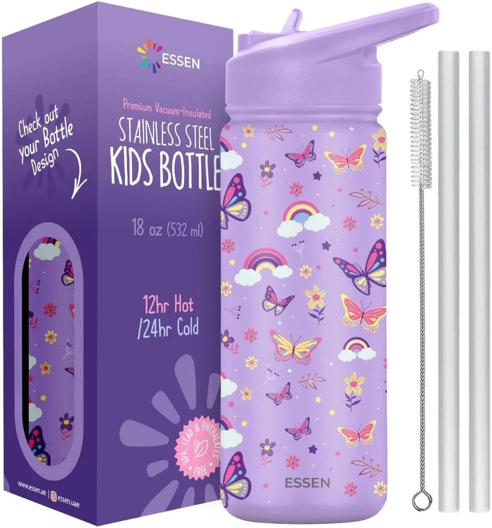 بطری آب استیل ضد زنگ کودکانه ESSEN مناسب مدرسه دخترانه با نی، بطری آب عایق خلاء بدون BPA، ضد نشت، بطری دو جداره برای کودکان - 532 میلی لیتر/18 اونس (پروانه)