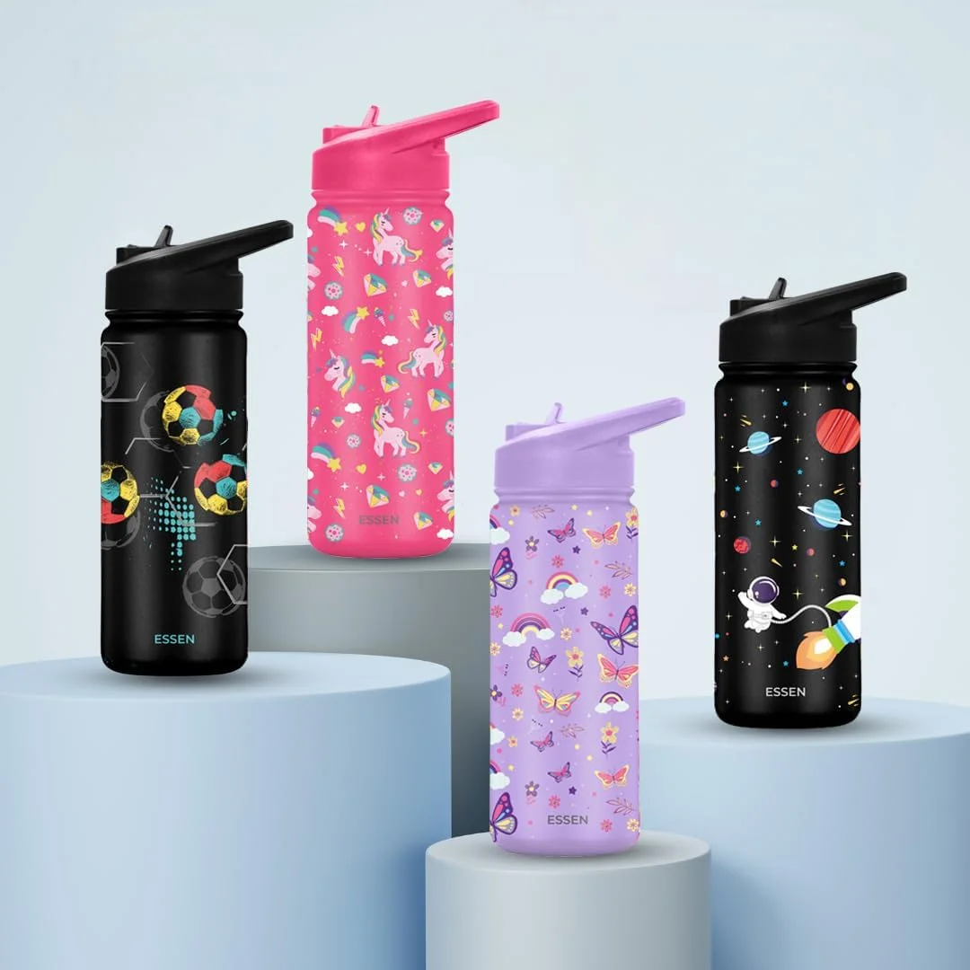 بطری آب استیل ضد زنگ کودکانه ESSEN مناسب مدرسه دخترانه با نی، عایق خلاء، بدون BPA، ضد نشت، دو جداره - 532 میلی لیتر بطری آب استیل ضد زنگ کودکانه ESSEN مناسب مدرسه دخترانه با نی، عایق خلاء، بدون BPA، ضد نشت، دو جداره - 532 میلی لیتر