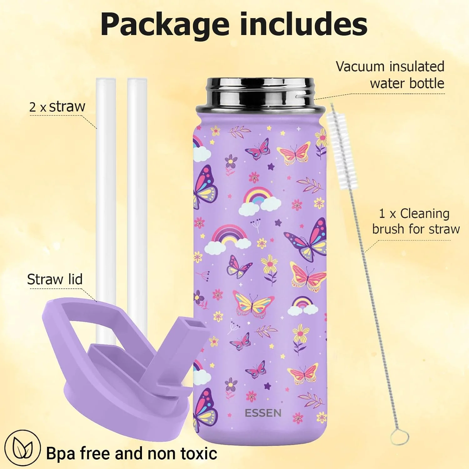 بطری آب استیل ضد زنگ کودکانه ESSEN مناسب مدرسه دخترانه با نی، بطری آب عایق خلاء بدون BPA، ضد نشت، بطری دو جداره برای کودکان - 532 میلی لیتر/18 اونس (پروانه) بطری آب استیل ضد زنگ کودکانه ESSEN مناسب مدرسه دخترانه با نی، بطری آب عایق خلاء بدون BPA، ضد نشت، بطری دو جداره برای کودکان - 532 میلی لیتر/18 اونس (پروانه)