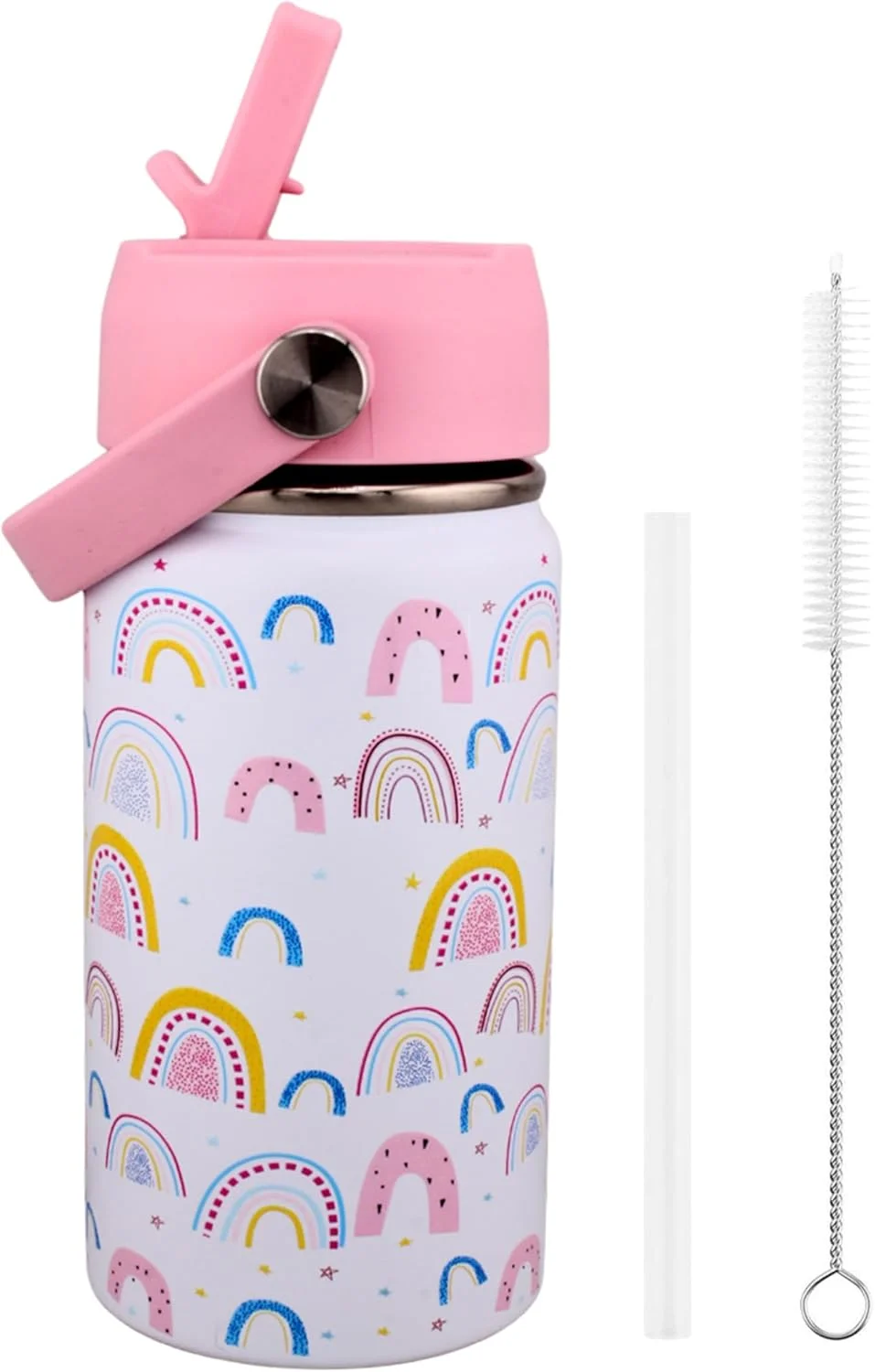 بطری آب عایق خلاء کودکانه CRAVISTA با نی و دسته - 350 میلی لیتر، فولاد ضد زنگ بدون BPA، قمقمه مسافرتی صورتی برای دختران | فلاسک ترموس ضد نشت دو جداره برای مدرسه (رنگین کمان)