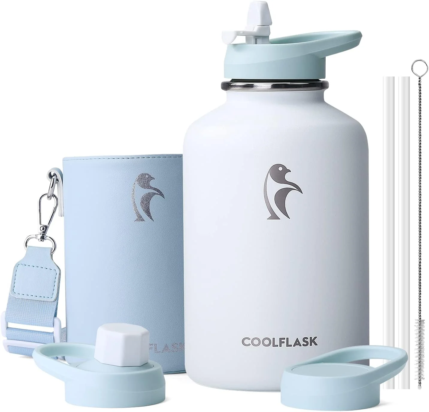 بطری آب 2 لیتری Coolflask استیل ضد زنگ با روکش چرمی PU، بطری های آب عایق بندی شده با رنگ متضاد با درب نی دار، بطری آب فلزی نیم گالن، سفید یخی