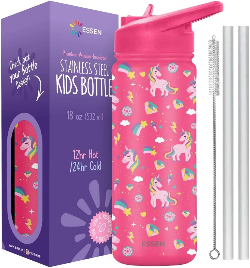 بطری آب استیل ضد زنگ ESSEN برای کودکان دخترانه، مناسب مدرسه، دارای نی، عایق خلاء، فاقد BPA، ضد نشت، مناسب نوزادان و کودکان نوپا، بطری دو جداره برای کودکان - 532 میلی لیتر/18 اونس (تک شاخ)