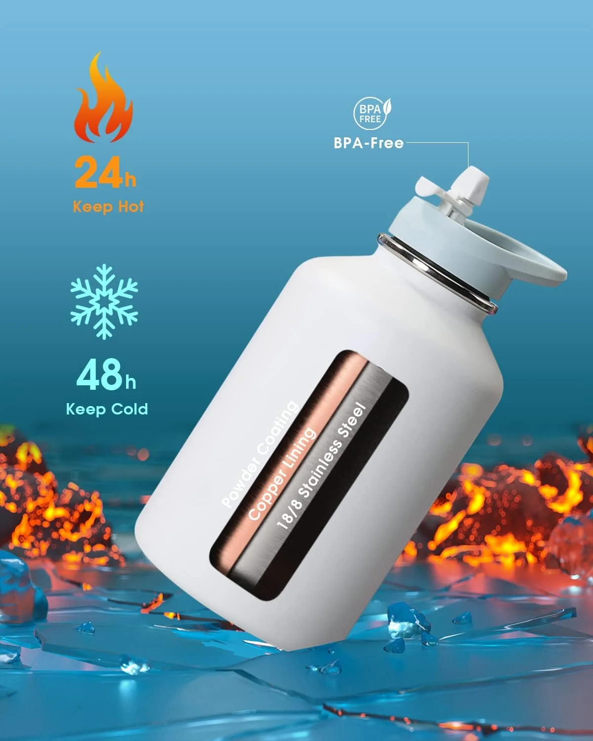 بطری آب 2 لیتری Coolflask استیل ضد زنگ با روکش چرمی PU، بطری های آب عایق بندی شده با رنگ متضاد با درب نی دار، بطری آب فلزی نیم گالن، سفید یخی بطری آب 2 لیتری Coolflask استیل ضد زنگ با روکش چرمی PU، بطری های آب عایق بندی شده با رنگ متضاد با درب نی دار، بطری آب فلزی نیم گالن، سفید یخی