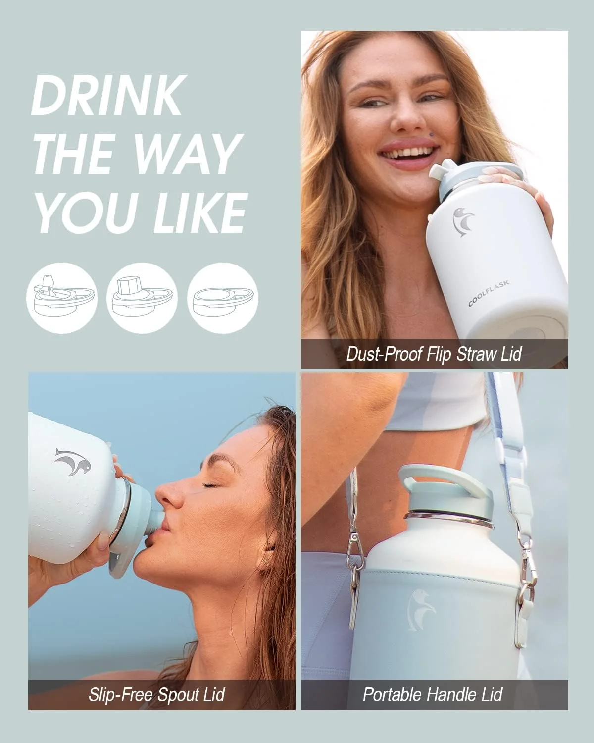 بطری آب 2 لیتری Coolflask استیل ضد زنگ با روکش چرمی PU، بطری های آب عایق بندی شده با رنگ متضاد با درب نی دار، بطری آب فلزی نیم گالن، سفید یخی بطری آب 2 لیتری Coolflask استیل ضد زنگ با روکش چرمی PU، بطری های آب عایق بندی شده با رنگ متضاد با درب نی دار، بطری آب فلزی نیم گالن، سفید یخی