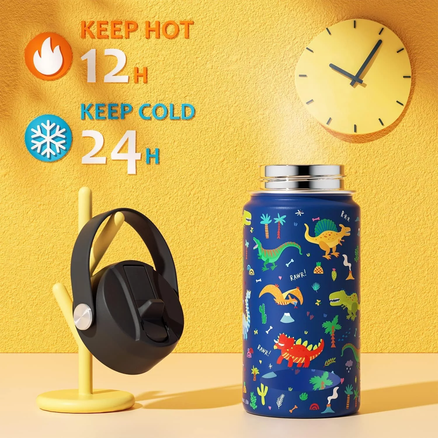 بطری آب کودک بای‌آن، 410 میلی‌لیتر، فلاسک هیدرو استیل ضد زنگ، دوجداره عایق، قمقمه با درب نی‌دار، فاقد BPA، لیوان ورزشی گرم و سرد، مناسب کودکان نوپا، پسران و دختران مدرسه، 410 میلی‌لیتر (طرح دایناسور)