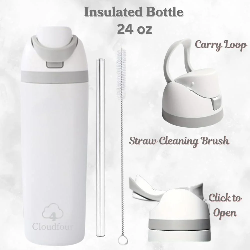 بطری آب عایق CLOUDFOUR، بطری ورزشی دو جداره ضد نشت از جنس استیل ضد زنگ 304، فاقد BPA، دارای دو گزینه نوشیدنی، فلاسک خلاء 710 میلی لیتری 24 اونسی برای خانه، دفتر، مدرسه، باشگاه، ماشین سفید (سفید)