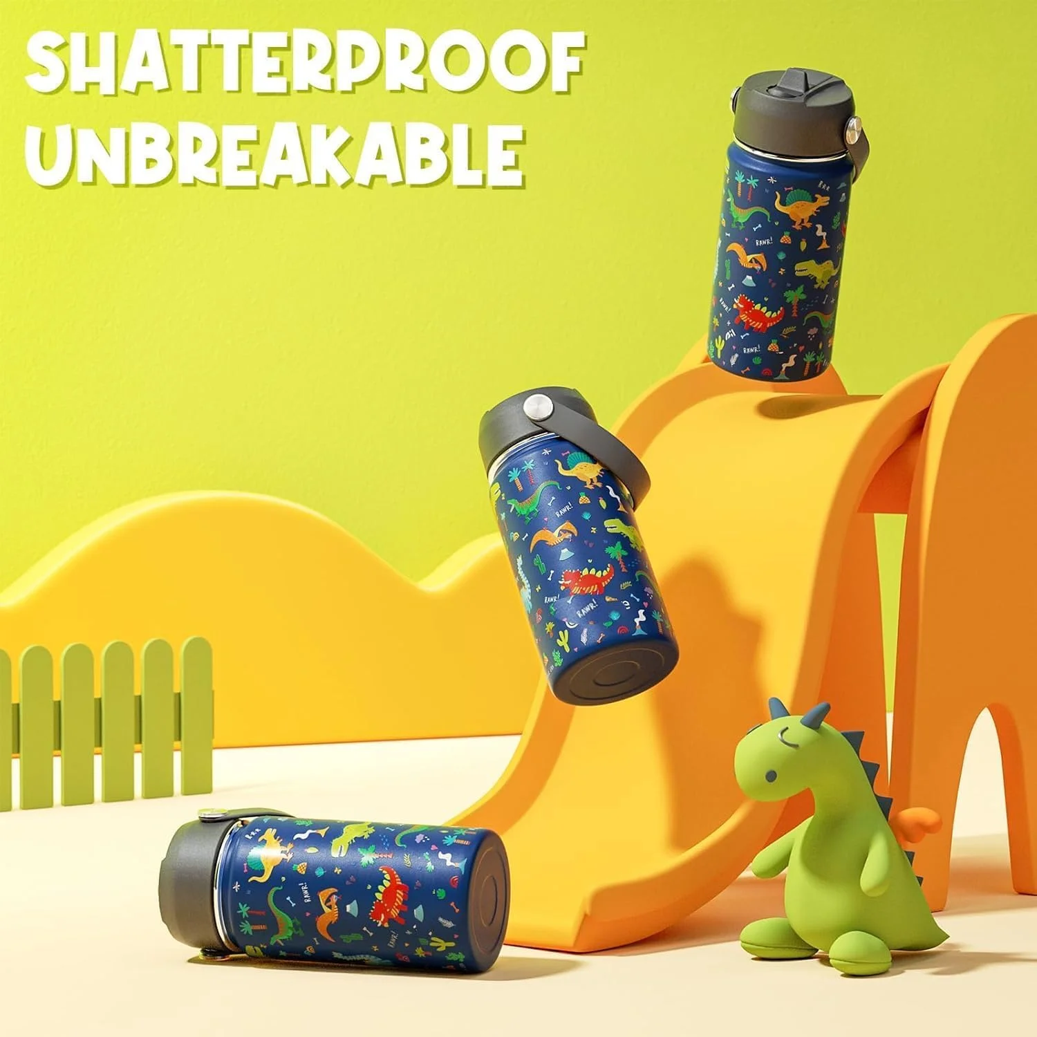 بطری آب کودک بای‌آن، 410 میلی‌لیتر، فلاسک هیدرو استیل ضد زنگ، دوجداره عایق، قمقمه با درب نی‌دار، فاقد BPA، لیوان ورزشی گرم و سرد، مناسب کودکان نوپا، پسران و دختران مدرسه، 410 میلی‌لیتر (طرح دایناسور)