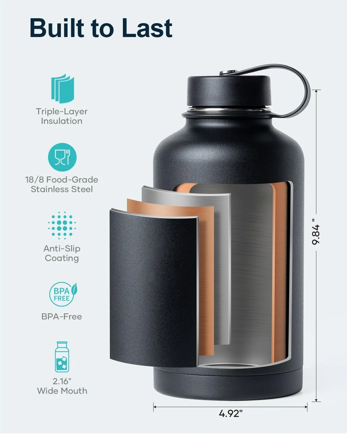 قمقمه آب عایق Buzio با درب نی دار و درب انعطاف پذیر، فلاسک آب استیل ضد زنگ دو جداره مدرن 1.9 لیتری، 48 ساعت سرد و 24 ساعت گرم نگه می دارد، ماگ قمقمه ترمو ساده، مشکی قمقمه آب عایق Buzio با درب نی دار و درب انعطاف پذیر، فلاسک آب استیل ضد زنگ دو جداره مدرن 1.9 لیتری، 48 ساعت سرد و 24 ساعت گرم نگه می دارد، ماگ قمقمه ترمو ساده، مشکی