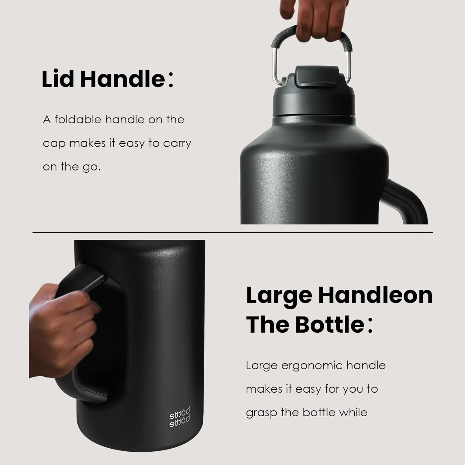 بطری آب عایق bottlebottle، بطری استیل ضد زنگ ورزشی 1.9 لیتری با نی و درب دو منظوره، بطری آب نیم گالن با دسته، استیل ضد زنگ خلاء برای تمرین و ورزش (مشکی)